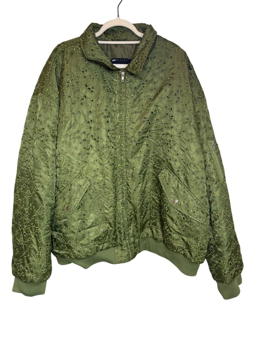 ASOS Design 4XL Green Eyelet Embroidered Bomber Jacket
